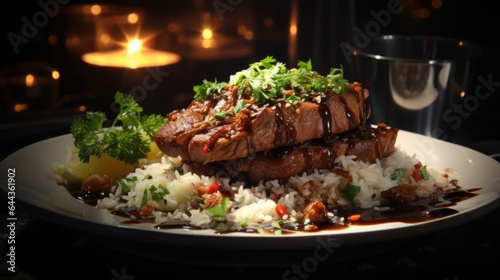 A white plate topped with rice and meat. Digital image. Sauerbraten, german dish.