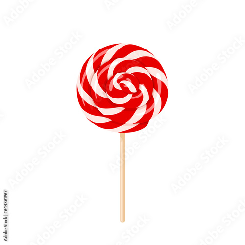 Red and white lollipop swirl on wooden stick isolated on white background. Vector cartoon flat illustration of sweet round candy.