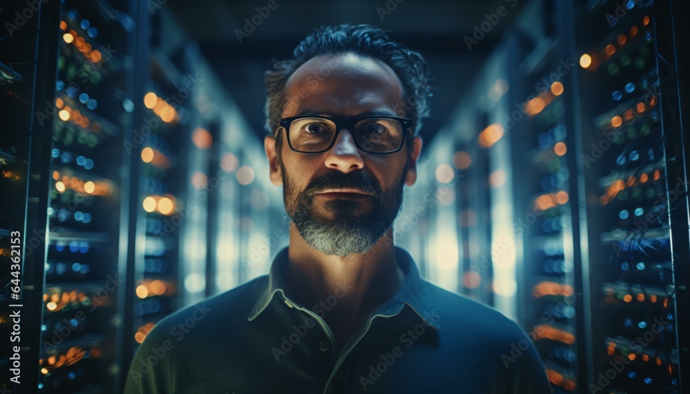A man in glasses standing in a server room