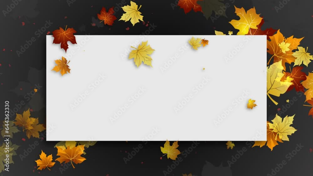 White blank sheet on autumn gray background with yellow falling maple leaves. Copy space. Looped animated festive floral frame.