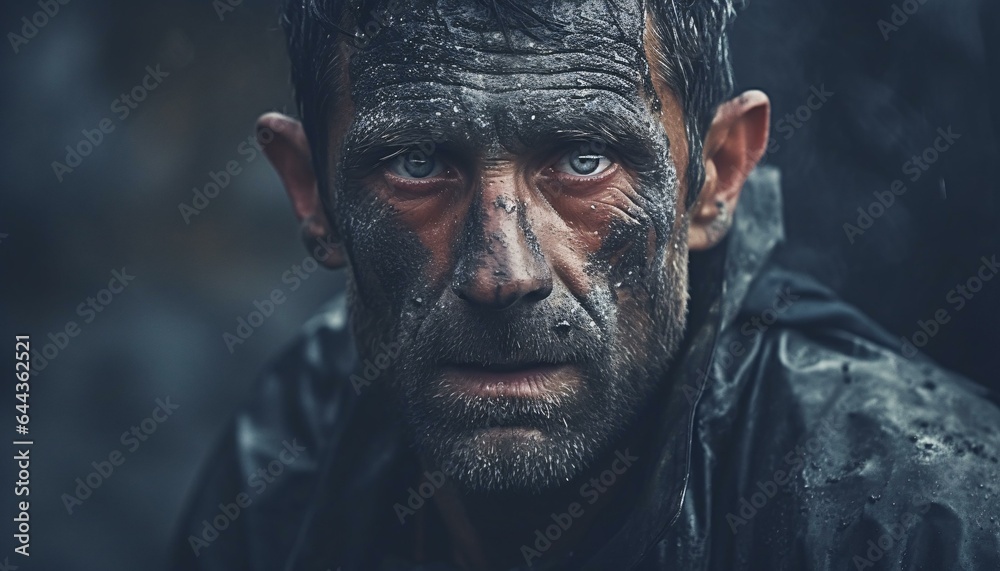 A man with mud on his face in close-up A man with mud on his face in close-up