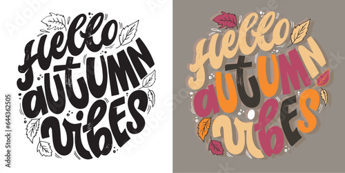 Hello autumn vibes - cute gand drawn doodle lettering postcard.