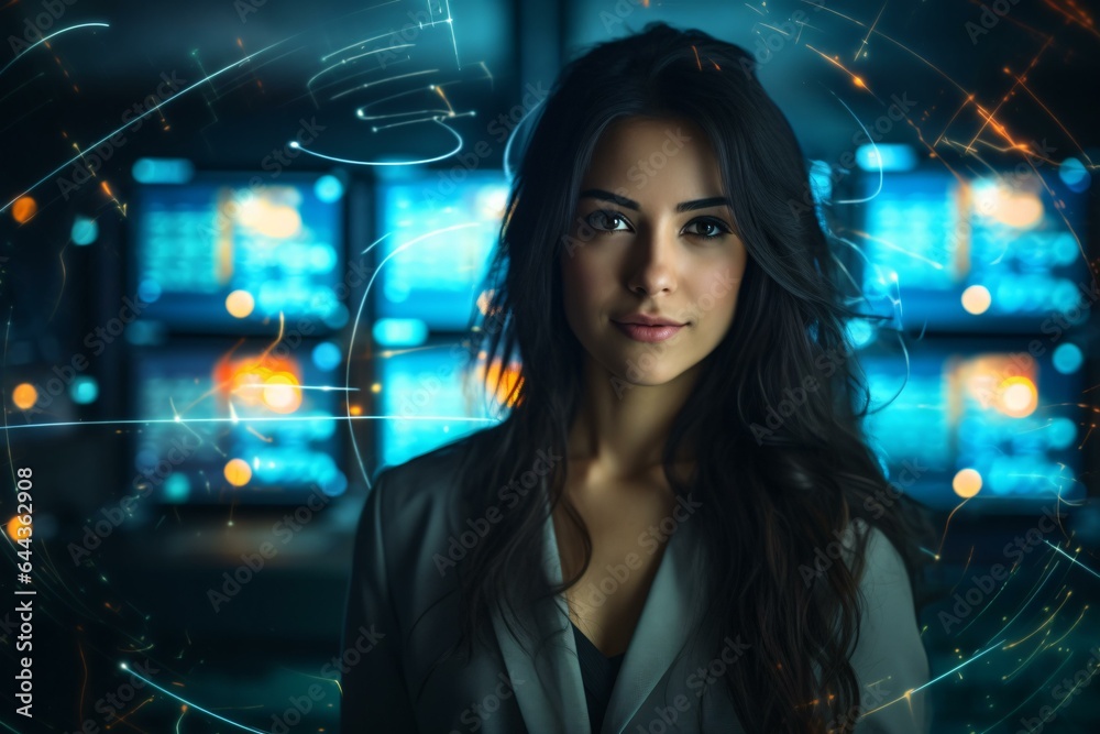 A woman in front of a wall of TV screens A woman in front of a wall of TV screens