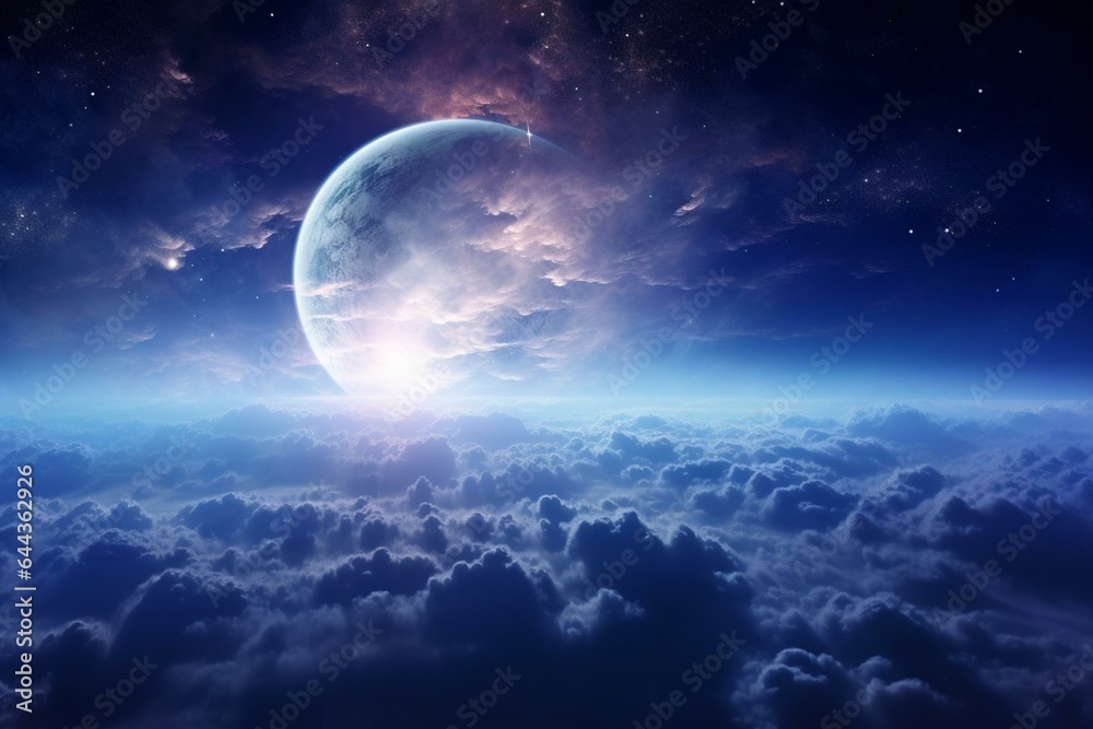 Enchanting space view featuring the moon and ethereal clouds of our planet. Generative AI