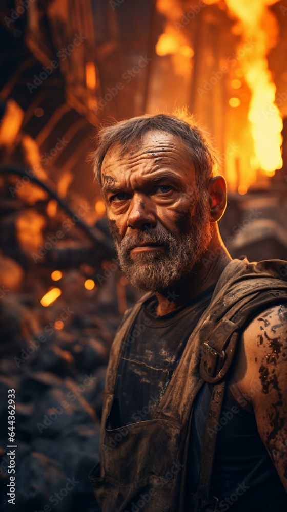 A bearded man standing in front of a blazing fire A bearded man standing in front of a blazing fire