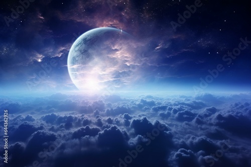 Enchanting space view featuring the moon and ethereal clouds of our planet. Generative AI