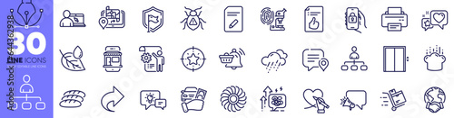 Rent car, Printer and Lift line icons pack. Rainy weather, Settings blueprint, Share web icon. Approved document, Software bug, Megaphone pictogram. Online education, Management, Cooking hat. Vector