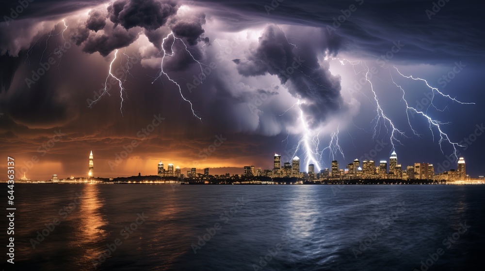 Viewed from Treasure Island, a dramatic lightning storm over San Francisco, California.