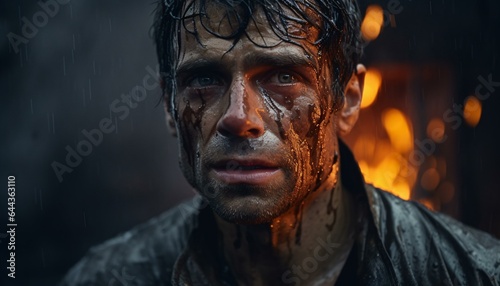 A man caught in a downpour, drenched from head to toe
