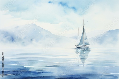 Hand-drawn sailboat floating on a serene watercolor sea. Generative AI © Joseph