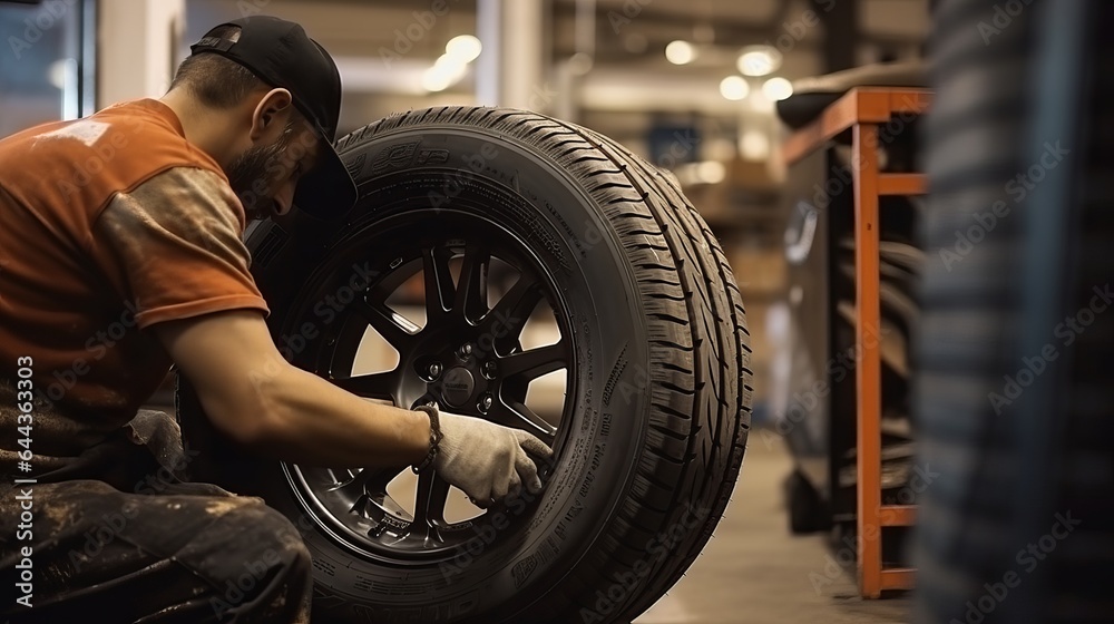 Wheel covered in dirt. At the repair shop, a mechanic is holding a tire. changing out the summer and winter tires. Wheel covered in dirt. At the repair shop, a mechanic is holding a tire. changing out the summer and winter tires.