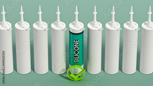 Silicone sealant cartridge stands out among blank tubes. 3D illustration photo