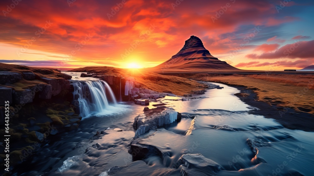 Naklejka premium Beautiful scenery with a sunset over a waterfall