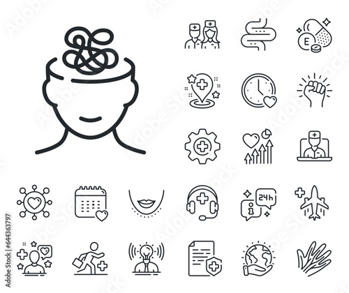 Stress or Think worry sign. Online doctor, patient and medicine outline icons. Anxiety line icon. Mental health symbol. Anxiety line sign. Veins, nerves and cosmetic procedure icon. Intestine. Vector