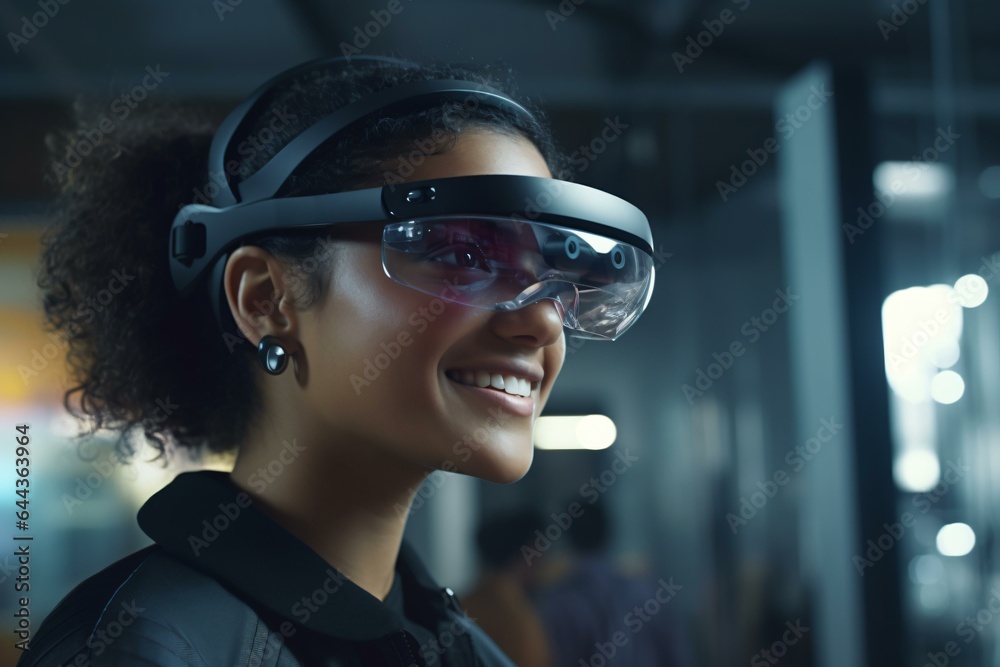 A woman wearing virtual reality glasses A woman wearing virtual reality glasses