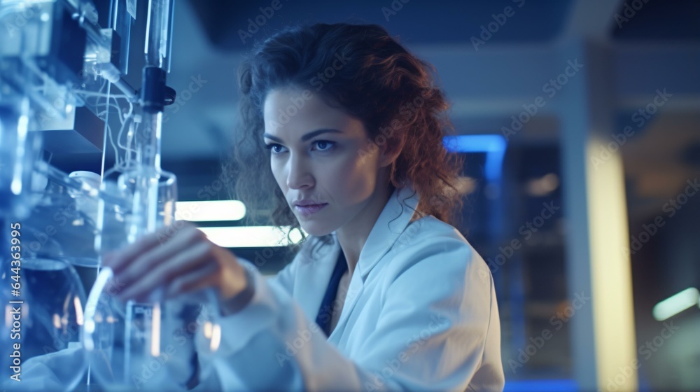 A woman scientist examining an object in a laboratory A woman scientist examining an object in a laboratory