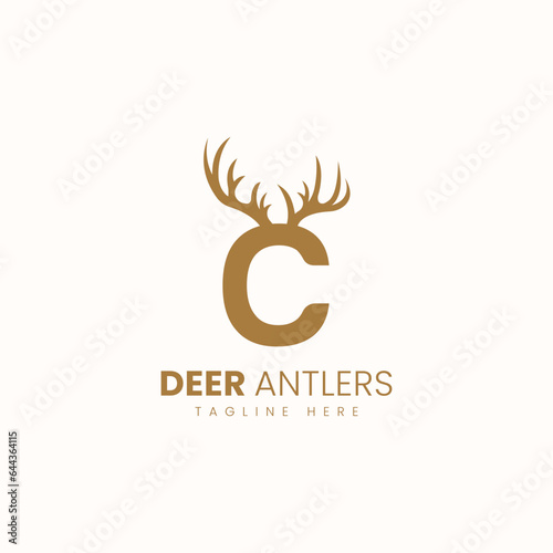 Letter C with Deer Antlers Logo Vector Image. Hunting Logo Inspirations