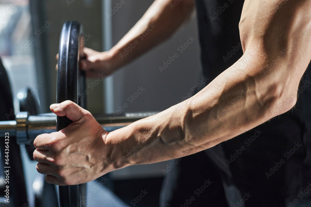 Hands of man preparing barbell in health club Hands of man preparing barbell in health club