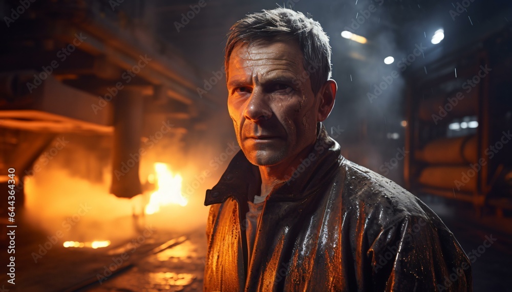 A man standing in front of a roaring fire in a factory A man standing in front of a roaring fire in a factory
