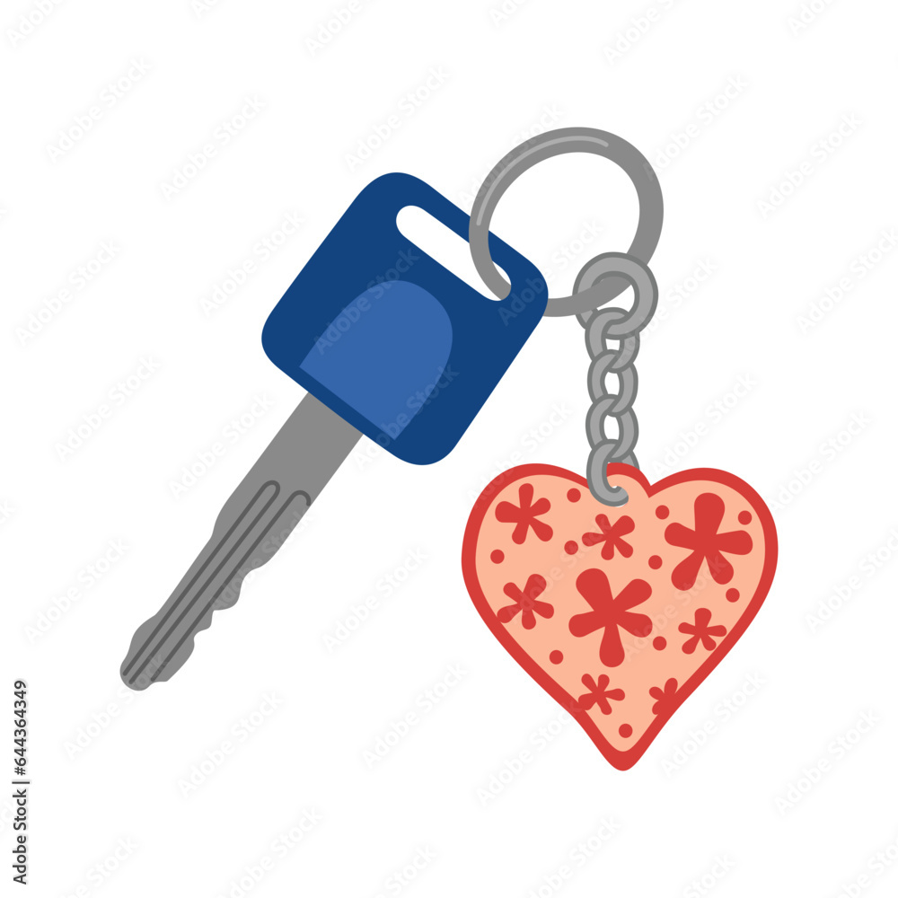 Key with a keychain in the shape of a heart. Hand drawn vector illustration isolated on white background, modern flat cartoon style. Key with a keychain in the shape of a heart. Hand drawn vector illustration isolated on white background, modern flat cartoon style.