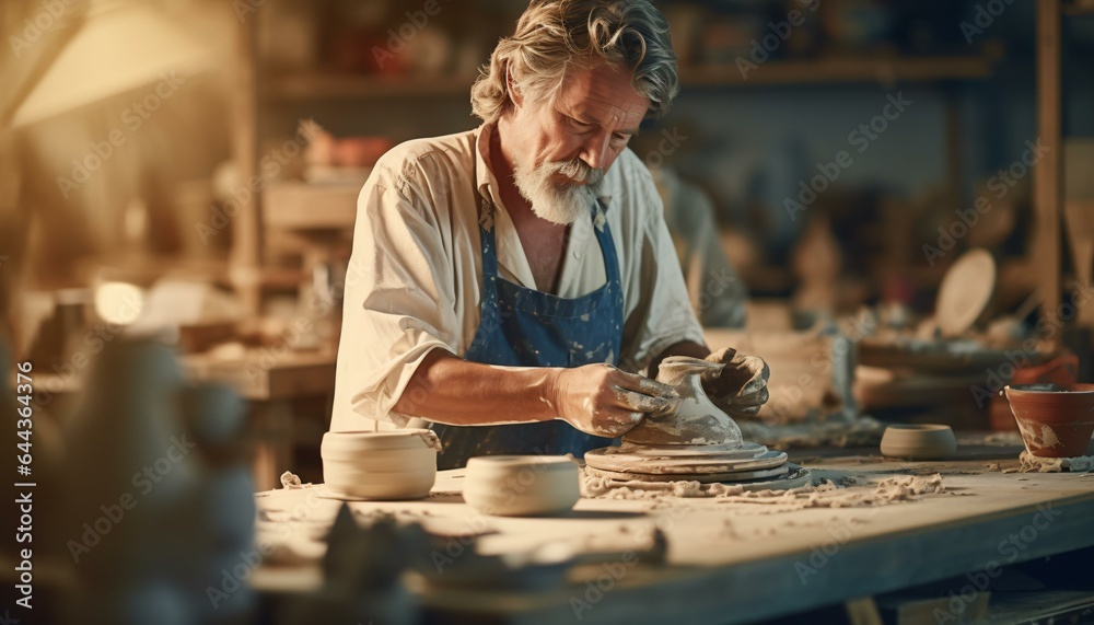 A potter creating pottery in a traditional pottery workshop A potter creating pottery in a traditional pottery workshop