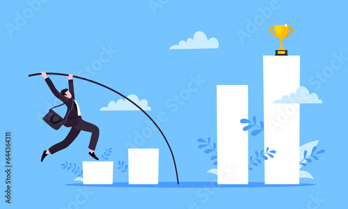 Businessman jumps pole vault over graph bars flat style design vector illustration business concept. Business growth and goal achievement concept.