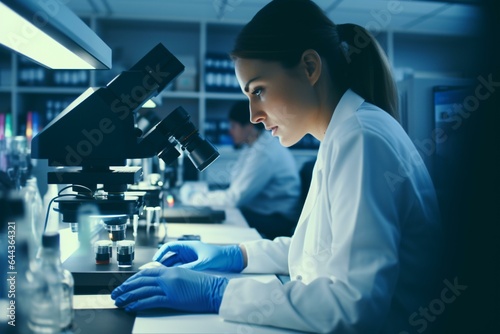A woman conducting scientific research using a microscope in a laboratory