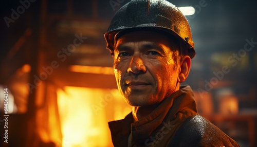 A man in a hard hat standing in front of a fire