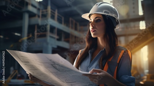 A woman wearing a hard hat examining a blueprint