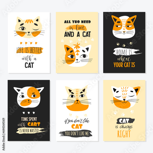 Set of vector cards with cute cats and phrases. Greeting, thematic cards, banners, illustrations.