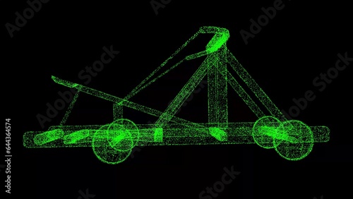 3D ancient Catapult on black background. Historical military concept. Business advertising backdrop. For title, text, presentation. 3d animation.
