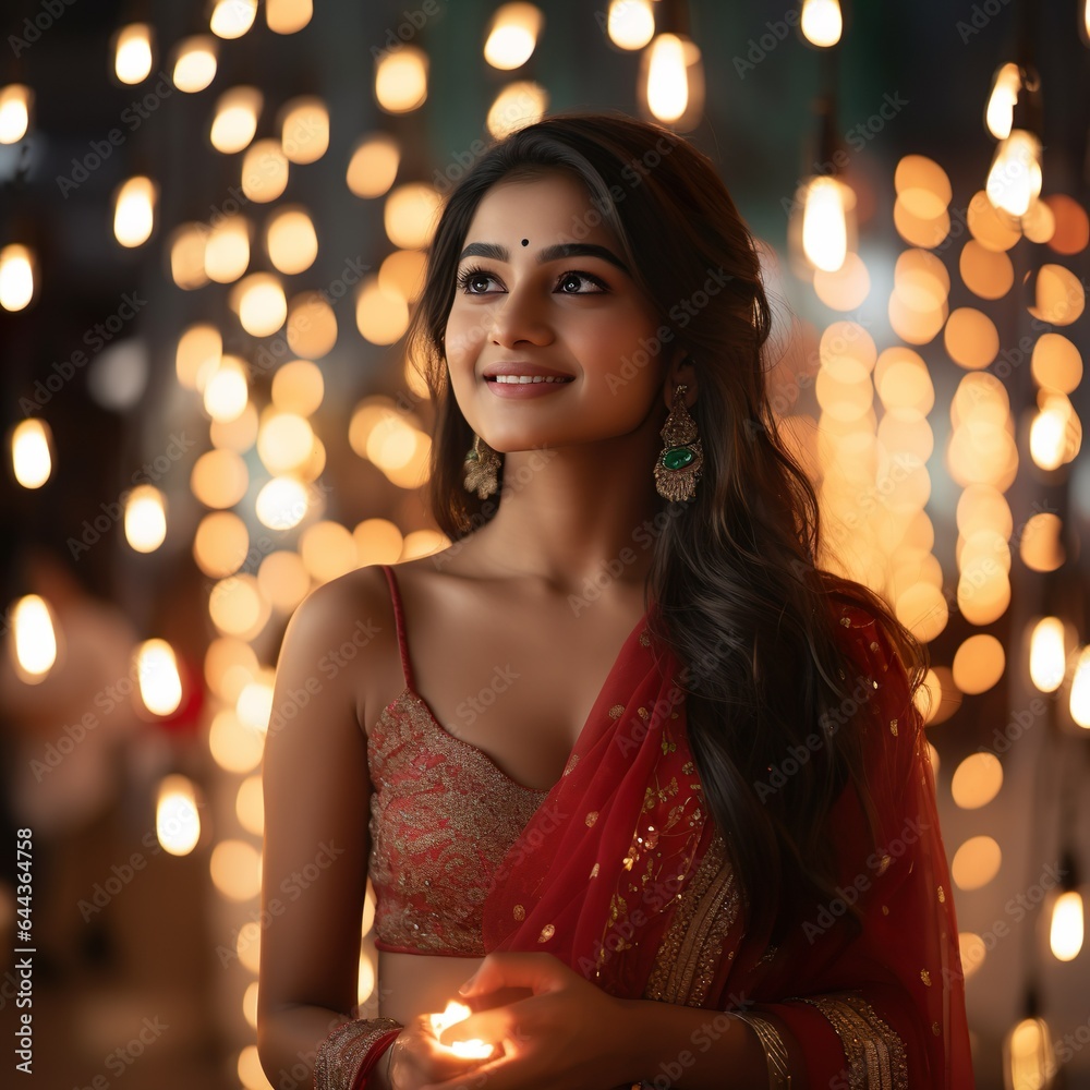 beautiful Indian woman in traditional sari celebrating Diwali or deepavali fesitval of lights beautiful Indian woman in traditional sari celebrating Diwali or deepavali fesitval of lights