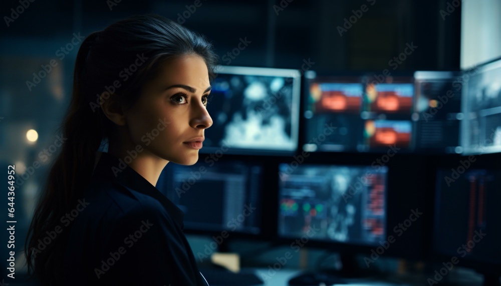 A woman surrounded by screens in a dimly lit room A woman surrounded by screens in a dimly lit room