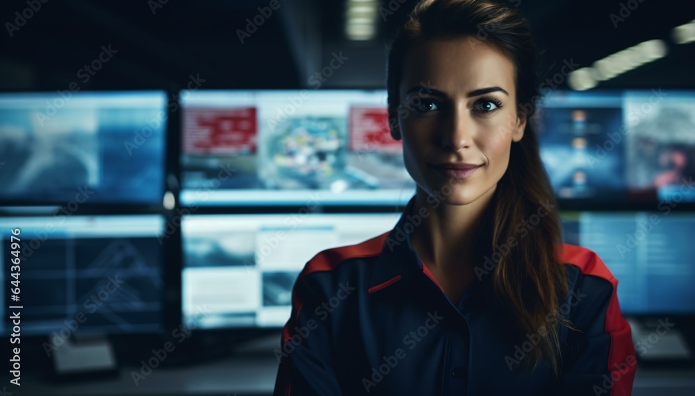 A woman surrounded by multiple monitors A woman surrounded by multiple monitors