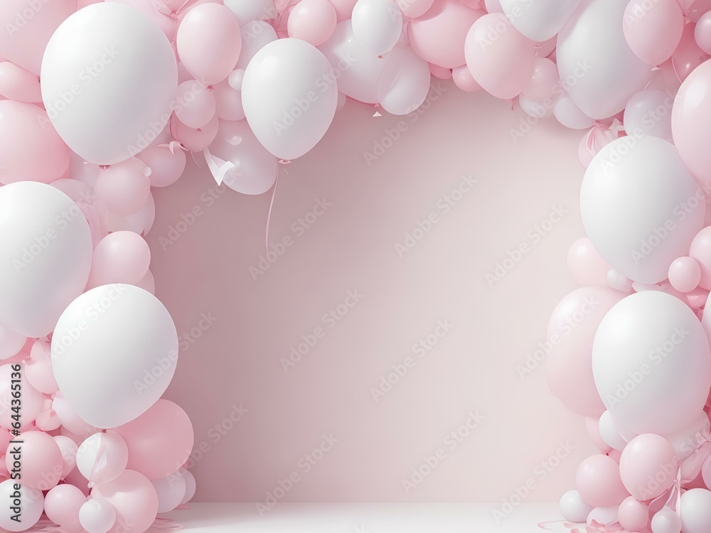 pink background with balloons and ribbon