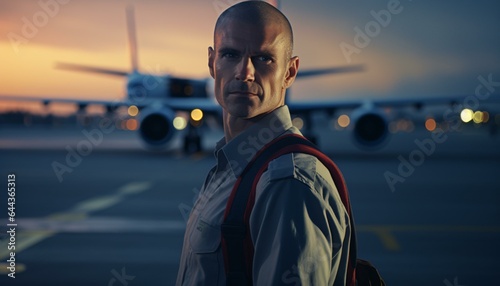 A man standing in front of an airplane with a backpack photo