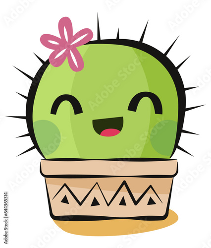 Illustration d'un joli cactus avec un grand sourire, personnage mignon de plante avec une fleur sur la tête dans son pot en argile, vecteur coloré d'une succulente boule verte