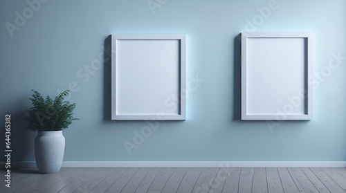 Two empty frames on a blue wall, 3d rendering mock up.