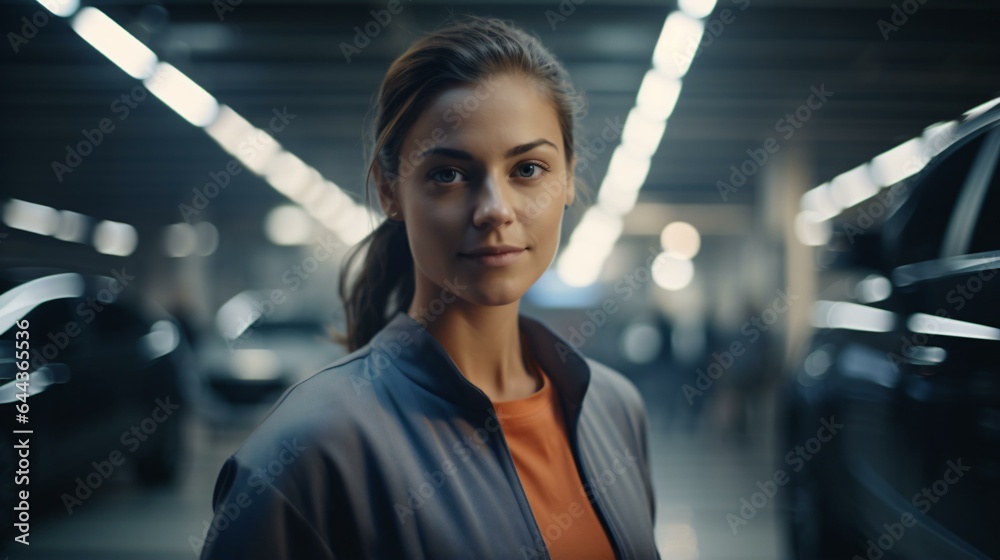 Obraz premium A woman next to a car in a parking garage