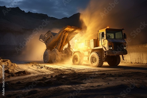 Sand quarry operation with truck being loaded by excavator. Captured with long exposure. Generative AI