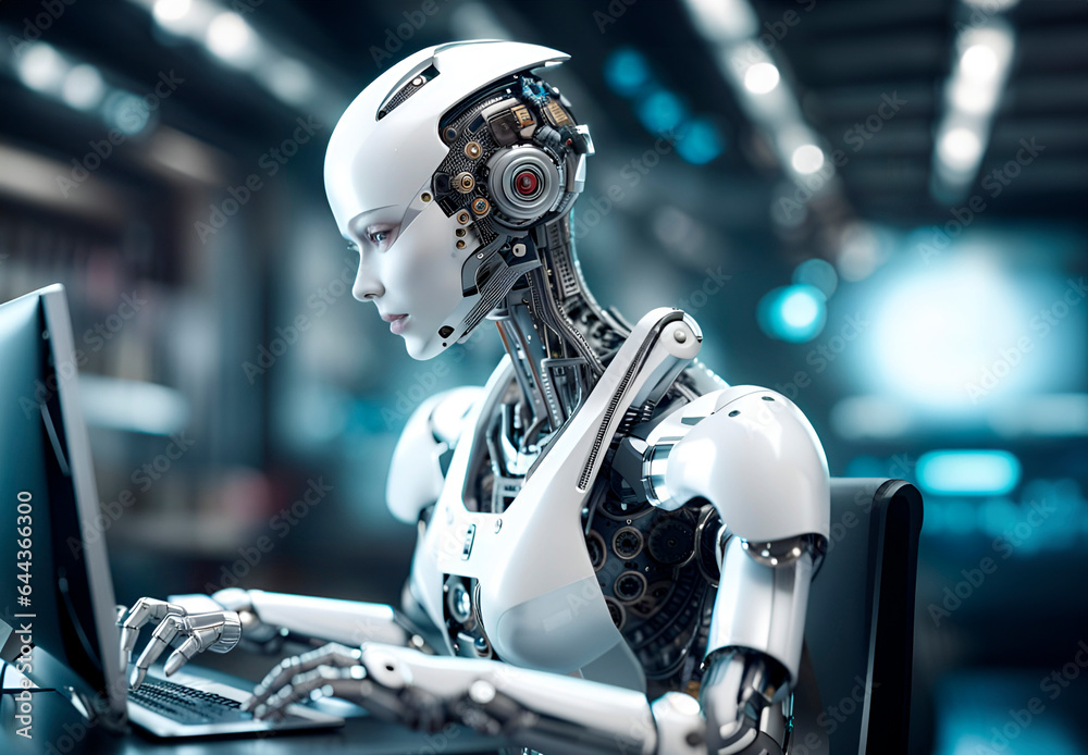 Portrait of a humanoid robot in an office center typing on laptop. AI development concept, human-robot cooperation Portrait of a humanoid robot in an office center typing on laptop. AI development concept, human-robot cooperation