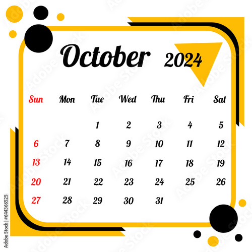 October 2024 Calendar in black and Gold color design