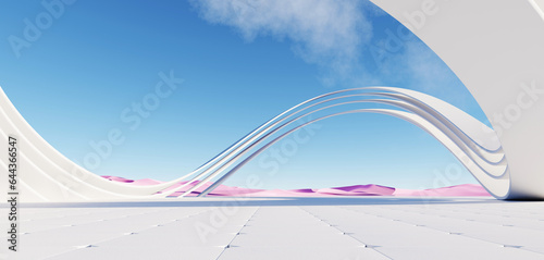 Fototapeta Naklejka Na Ścianę i Meble -  3d Render, Abstract Surreal pastel landscape background with Architecture modern building and geometric arches, Colorful dune scene with copy space, blue sky and cloudy, Minimalist decor design