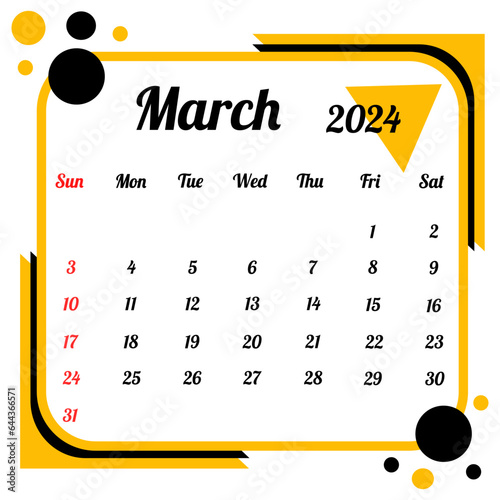 March 2024 Calendar in black and gold color design