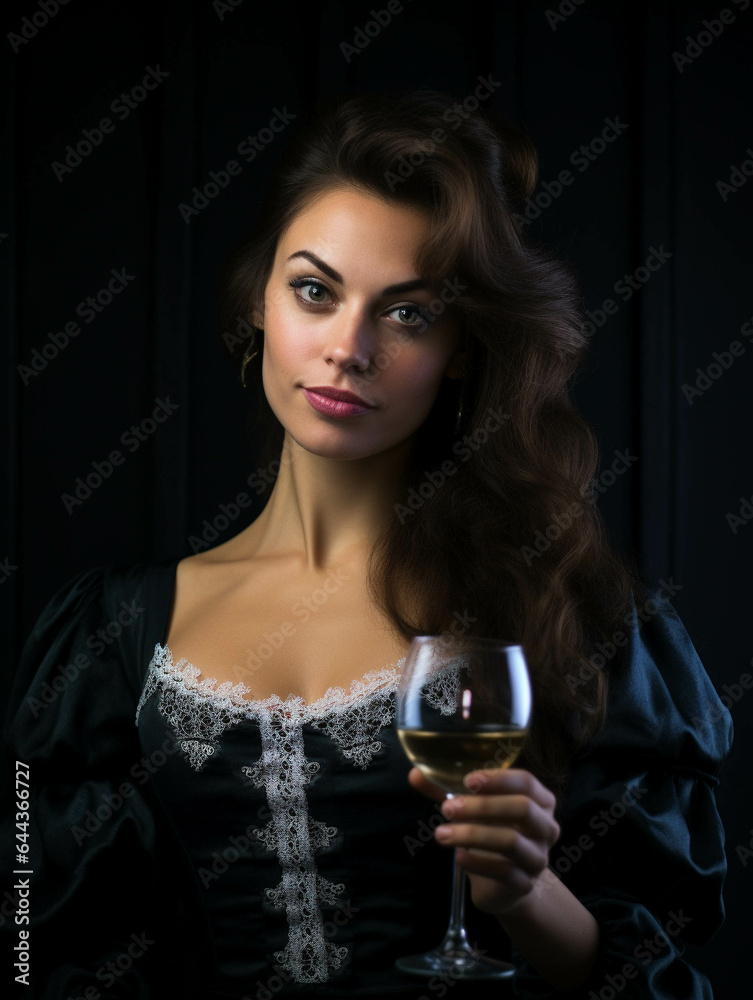 Partying woman portrait with apothecary style. Isolated black background. Generative AI. Partying woman portrait with apothecary style. Isolated black background. Generative AI.