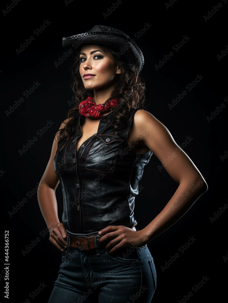 Partying woman portrait with farm style. Isolated black background. Generative AI. Partying woman portrait with farm style. Isolated black background. Generative AI.