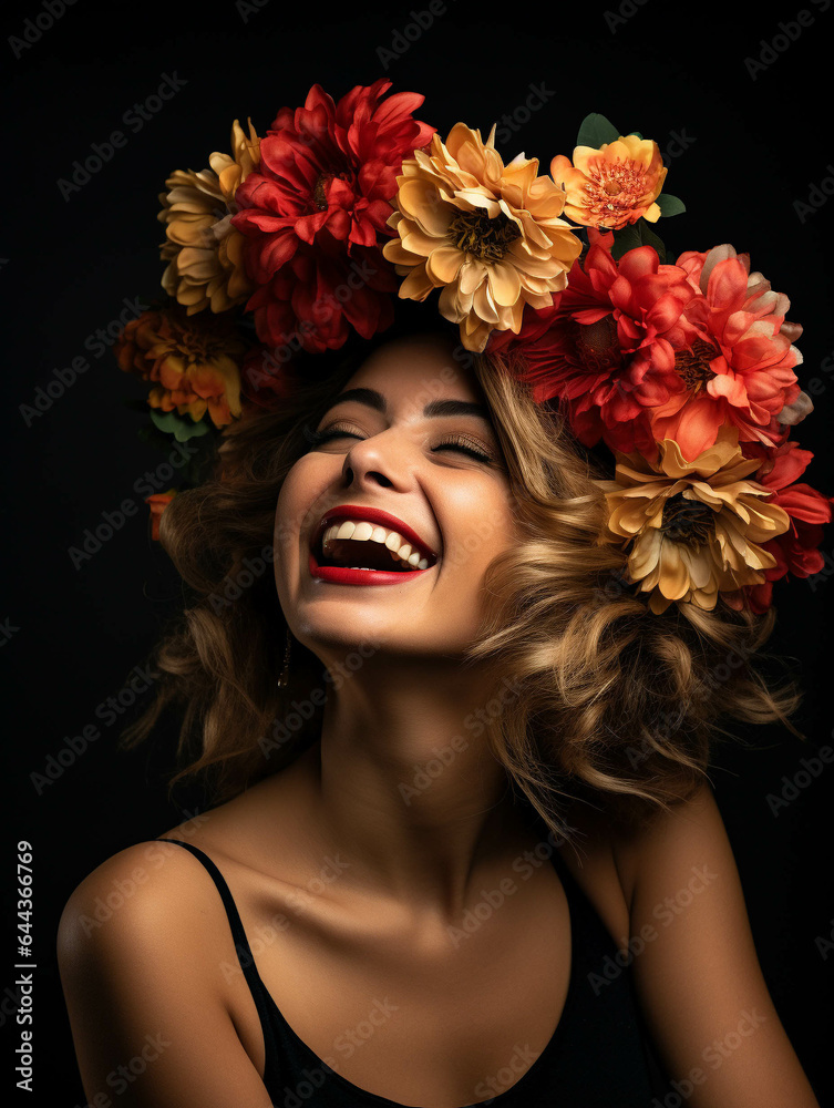 Partying woman portrait with Flower School event style. Isolated black background. Generative AI.