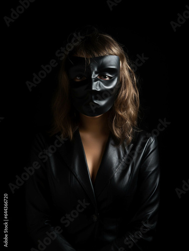Partying woman portrait with anonymous style. Isolated black background. Generative AI.