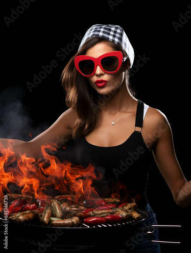 Partying woman portrait with clambake style. Isolated black background. Generative AI.