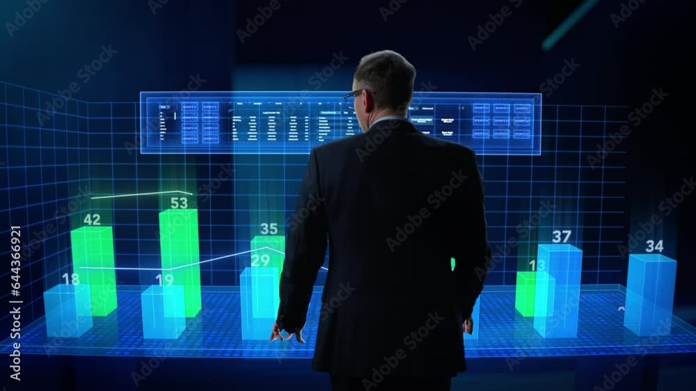 Businessman Working in a Minimalistic Digital Space. Manager Using a Virtual Touch Screen Hologram with Multiple Options, Generating Percentage Charts and Infographics Based on Financial Big Data Businessman Working in a Minimalistic Digital Space. Manager Using a Virtual Touch Screen Hologram with Multiple Options, Generating Percentage Charts and Infographics Based on Financial Big Data